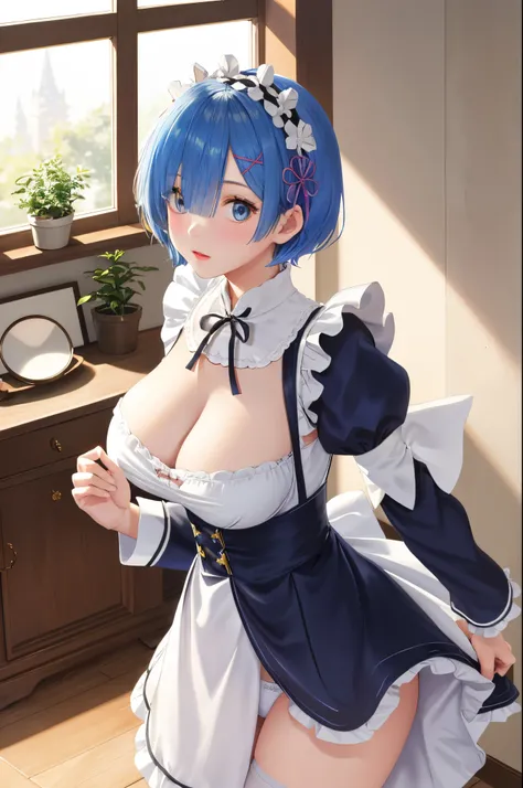 tall, Focus sharp, Pixiv masterpiece, ((Complicated details)), The content is very detailed, Upper part of the body, 1 plump girl, rem_floor plan about_praise, Blue hair, Short hair details, Maid uniform, hair adornments, low chest, maid headdress, Split s...