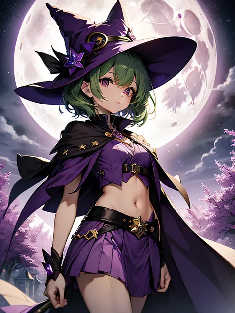 top-quality、extremely delicate and beautiful、(A teenage girl)、Purple Eye、Green hair、short-haired、(purple witch hat)、Purple tie、Soio、shortsleeves、Purple skirt、Purple Wizard Robe、Navel、is standing、Facing the front、Full moon night on background