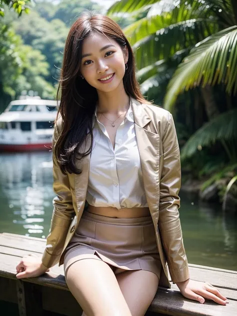 ((top-quality、in 8K、​masterpiece:1.3、Raw photo))、Super high quality photos, On a small boat sailing through a tropical jungle, ((Wearing a business suit with jacket and skirt)), ((Beautiful Japanese woman sitting on a boat)),((Wear a white blouse shirt und...