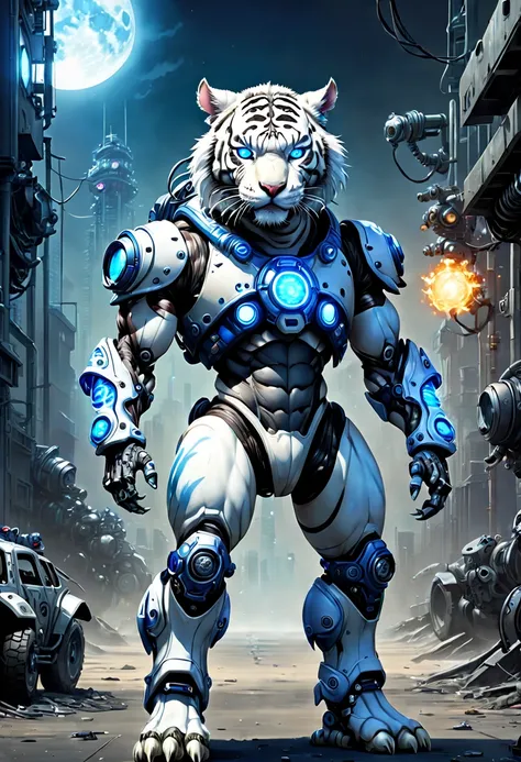 （anthropomorphic turtle：1.5），（fully body photo），cyber punk personage，middle，1 White Tiger Mecha（Mechanical white tiger head，Blue glowing goggles，Gas masks，Muscular limbs，Muscular），Stand on both legs，Mechanical Wonder，Damage to mechanical components，without...