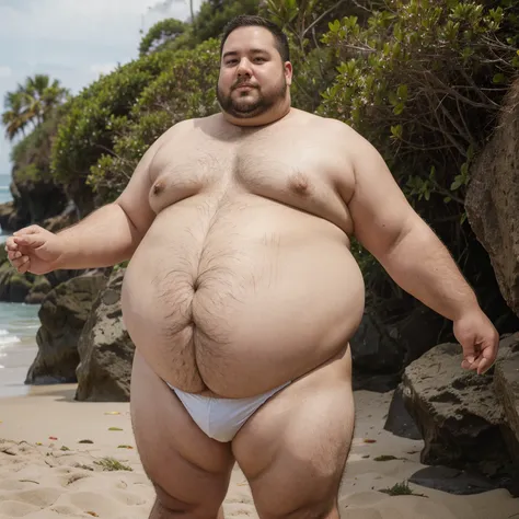 Fat man with big fat gut, at the beach, thong swimsuit,