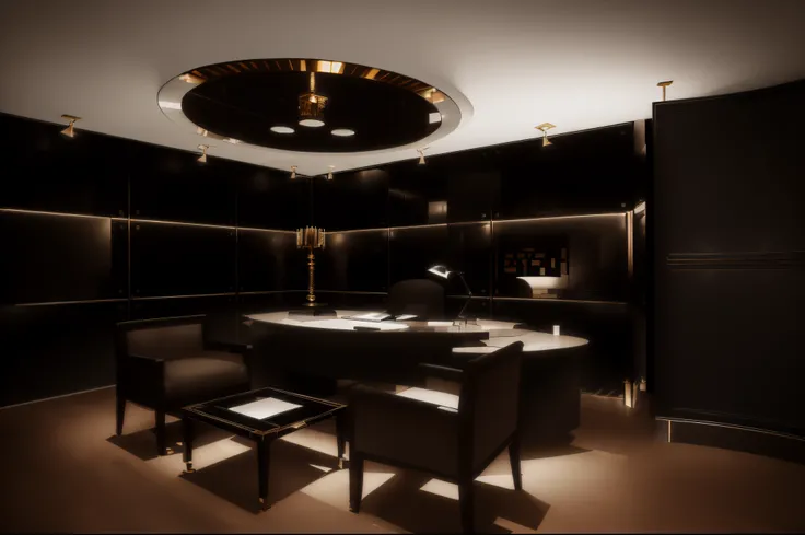 there is a large wooden desk with a chair in the middle of it, art deco interior, high end interior, ebony art deco, luxury furniture, black show room, office interior, award winning interior design, set in bank vault room, dark classic interior, dark show...