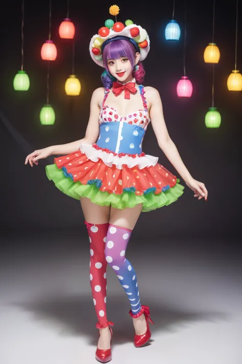 Female idol covered in fruit、full body Esbian、、Fruit-covered clown fashion（Leotard style）、Clown hat、colorful outfit、Colorful hair