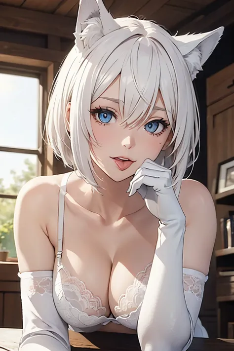 masutepiece　high-level image quality　Top image quality　in 8K　adult lady（soio）　White Long Gloves（（blanche）（Long gloves））　white stockings（（blanche）（Stockings）　an lingerie（blanche）　Wolf ears　shorth hair（（short-cut）（White hair）（Habitual hair）（fluffly））Face sed...