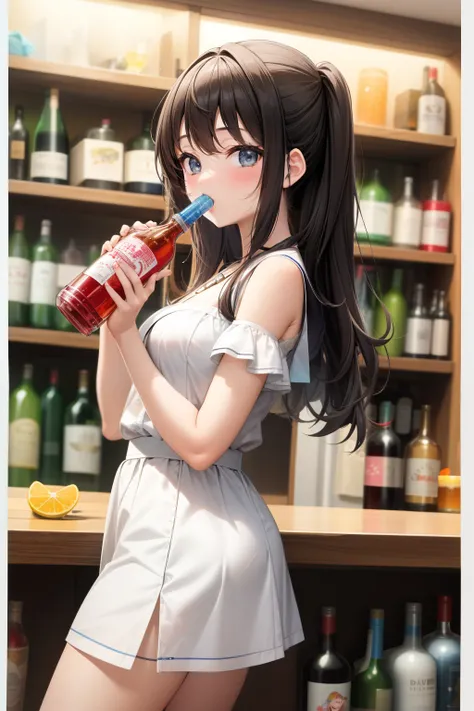 Cute girl, drinking alcohol, drunk, alcohol, The alcohol bottle in her hand