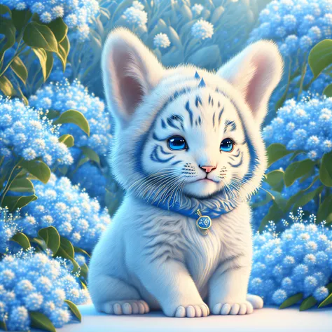 An adorable white tiger cub in this ultra-detailed CG art, surrounded by beautiful blue flowers, beste-Qualit, hight resolution, intricate detials, phantasy, Cute animals