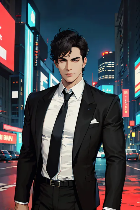 (ridiculous, high resolution, super detailed, realistic,), 1 male, soloist, handsome, cool, handsome, extremely short hair, black hair, brown eyes, delicate face, thick eyebrows, night, dark color, night city background, formal wear, tie, half, cyberpunk,