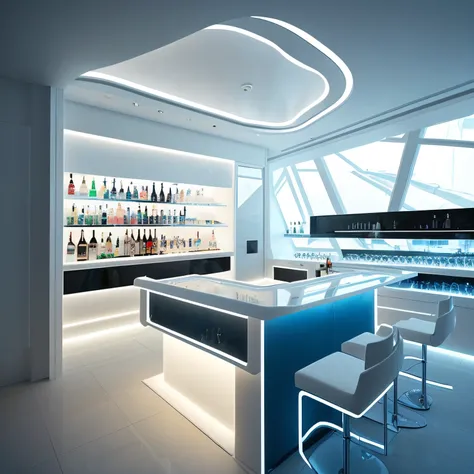 Alafide Bar，There are many bottles on the shelf, Riman, cocktail bar, background bar, futuristic interior, sleek white, futuristic decor, visually clear & scavenging, beach bar, futuristic room, Zaha Hadid architects style, Inside the bar, futuristic setti...