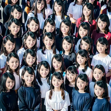 a picture、(((multiple girls))),((((6+girls)))),((((100girls)))),(((1000girls)))、((((100 Girls))))、(((crowd shot))),Women only、The same face、School Uniform、12 years old、Long black hair、100 cute girls、a smile、selfee、‎Classroom、Raw photo、(((Large group)))、a j...