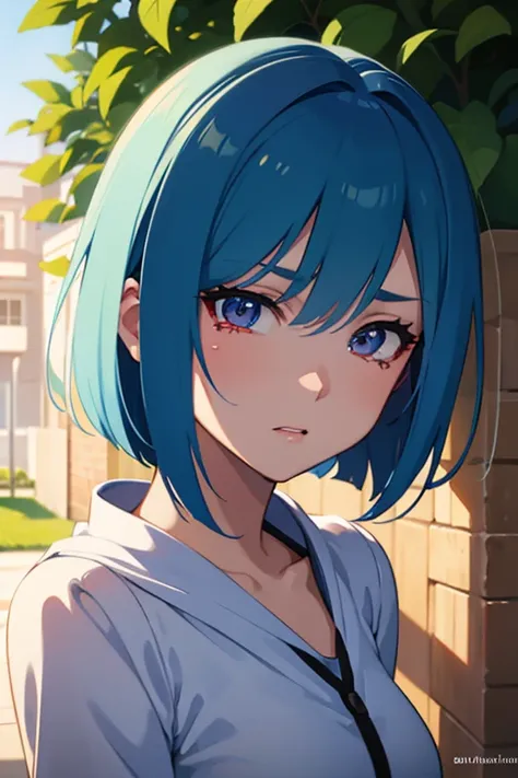 [A girl with blue hair, red eyes, anime style, bob cut, and a crying expression surrounded by penises. outdoors. ] (Top quality, ultra-detailed, photorealistic), (Portrait, vibrant colors), (Cool colors, soft lighting).