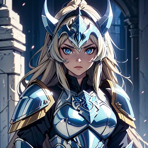 A woman wearing a wolf armor,, Saint Seiya,Wolf pale blue Armor, wolf helmet, Dark hair, Long blond hair, , Charismatic character, Avatar de seconde vie, Nice screenshot, Femme seduisante vue complète du corps, High quality, very detailed skin