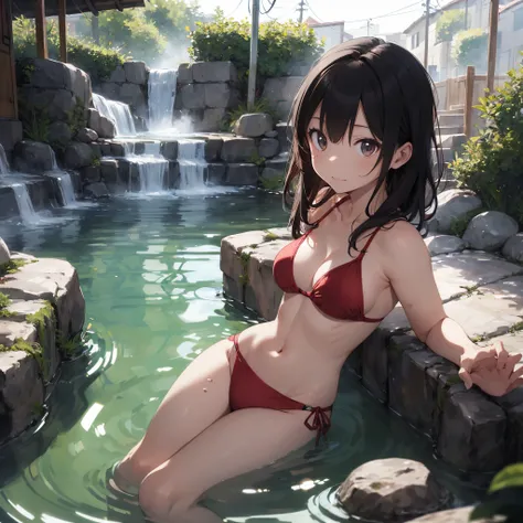 Realistic background blur that looks like it was taken with a high-performance camera.、Please provide high quality illustrations.......。A beautiful girl soaking in a hot spring with a relaxed expression.、The steam rising from the bathtub is beautifully dep...