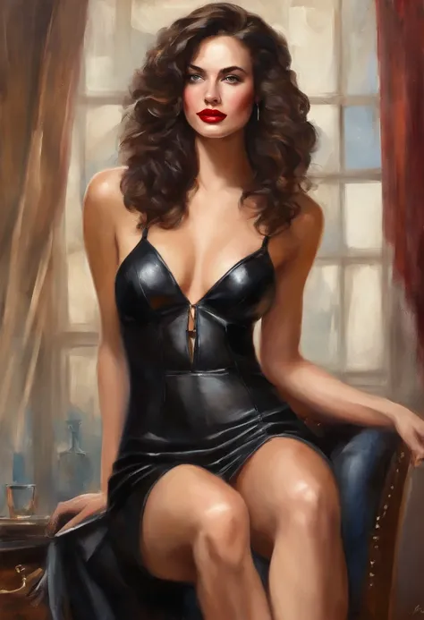 a black leather dress posing in a living room, tracer in a skintight( black curly long hair), photorealistic perfect body, elegant posed, sexy dominant pose, captivating and enticing, 8 k sensual lighting, elegant seducing pose,(smal breasts), stunning ele...