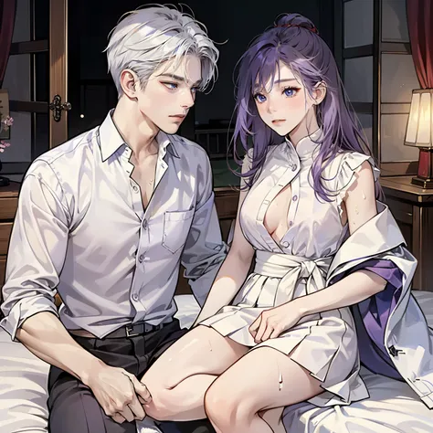 Korea girl with purple hair wearing a white shirt that reveals nipples.,Moderate breasts,Sit with your legs open.,Make your face red with excitement,sweaty,Couple Man caring woman&#39;s breasts .korea boy white hair ,blue eyes,Beautiful mouth,Beautiful Nos...