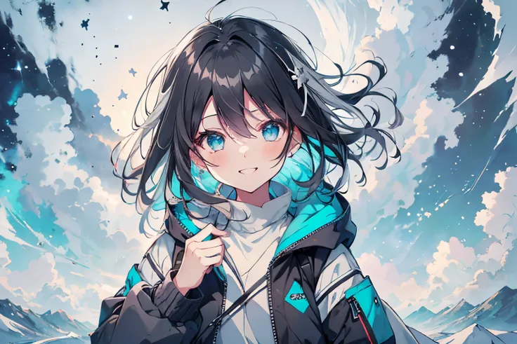 【Highest Quality, masutepiece】,Manteau, expressioness, front facing,1 girl in, Turquoise eyes,  jet-black hair, Jacket (Gray white background:1.4), (night sky background:1.3),smile,