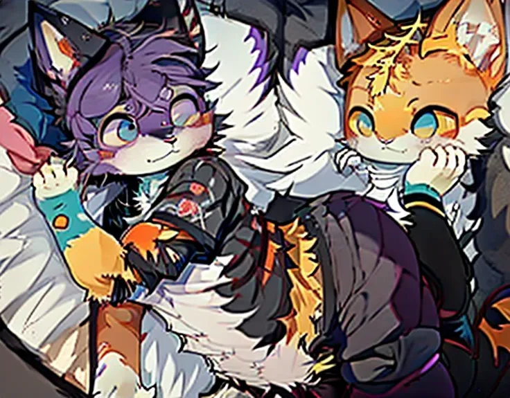 Anime art style, male, gay, happy, femboy, bright red blushing, furry, cat like characteristics cat like features, black tail, purple on tip of tail, fluffy tail, purple eyes, cute Black and purple stripped arm warmers, cute gothic graphic t-shirt, black j...