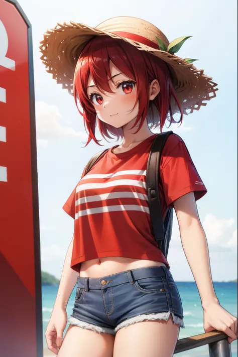 A cute girl, wearing a straw hat with a red stripe, a red T-shirt, and short shorts