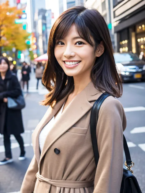 A Japanese milf, photo of one lady, Slender figure, Realistic teeth, double eyelids, smile, full-length, at the city, masterpiece, best quality