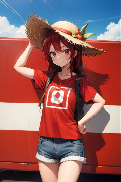 A cute girl, wearing a straw hat with a red stripe, a red T-shirt, and short shorts