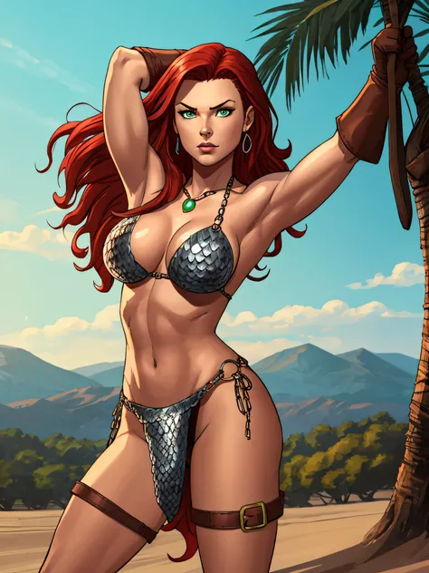 long red hair, thigh strap, armor, chainmail, armored bikini, brown gloves, red sonja, green eyes, showing armpits, raised arms, arms up, arms behind head, posing, solo, masterpiece, shaved armpits, chainmail bikini, groin, silver armbands, perfect proport...