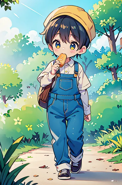 A little boy eating bread，Wearing denim overalls，Wearing a little yellow hat on the head。