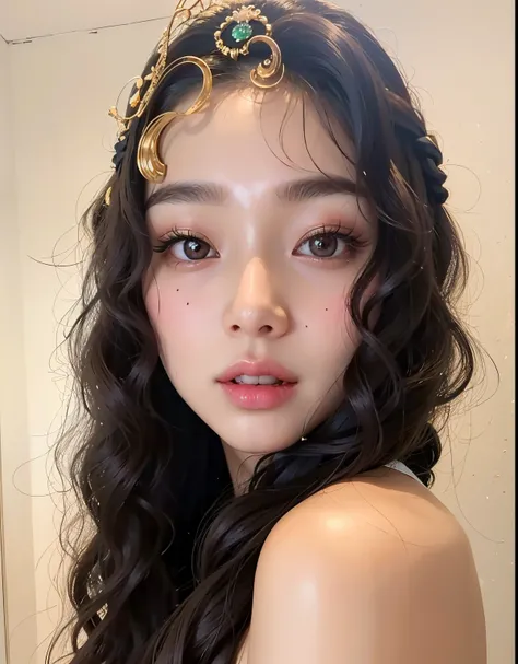 a close up of a woman with long hair wearing a gold headband, popular south korean makeup, popular korean makeup, gorgeous young korean woman, jaeyeon nam, beautiful south korean woman, beautiful young korean woman, young adorable korean face, heonhwa choe...