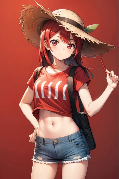 A cute girl, wearing a straw hat with a red stripe, a red T-shirt, and short shorts