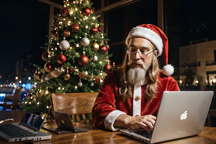 Christmas, Christmas tree, Christmas decorations, laptop, Santa Claus waves his hand