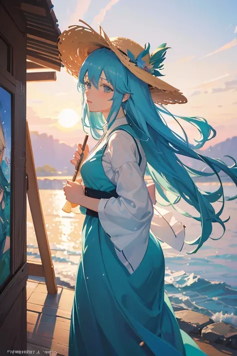 Blue hair anime girl in straw hat and blue dress, artwork in the style of guweiz, Beautiful Anime Portrait, guweiz, Beautiful anime girl, beautiful anime style, Anime girl with teal hair, Anime style. 8K, in the art style of bowater, beautiful digital illu...