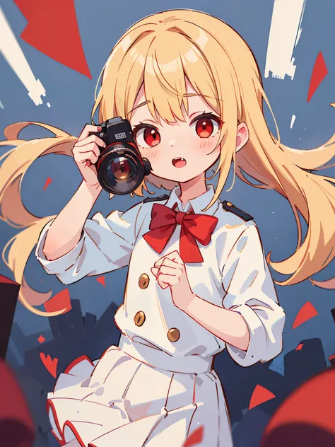 masterpiece, best quality, cute, kawaii, 1girl, upper body, 1girls, loli, vampire, short, red eye, long blonde hair, cute, using red army school uniform, using white skirt, using blue bowties, with camera,