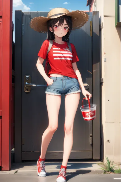 A cute girl, wearing a straw hat with a red stripe, a red T-shirt, and short shorts, full body