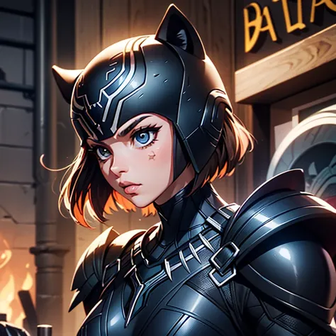 A woman wearing a black  panther armor,, Saint Seiya, Black panther Armor, panther helmet, Dark hair, short hair, , Charismatic character, Avatar de seconde vie, Nice screenshot, Femme seduisante vue complète du corps, High quality, very detailed skin