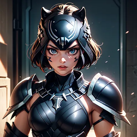 A woman wearing a black  panther armor,, Saint Seiya, Black panther Armor, panther helmet, Dark hair, short hair, , Charismatic character, Avatar de seconde vie, Nice screenshot, Femme seduisante vue complète du corps, High quality, very detailed skin