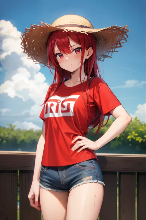 A cute girl , red hair , wearing a straw hat with a red stripe, a red T-shirt, and short shorts, sexy body, sexy,