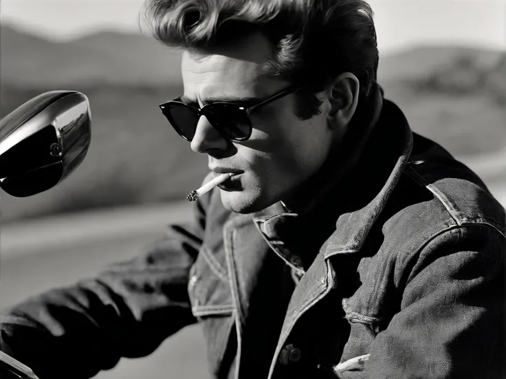 James Dean smoking a cigarette, wearing jeans and a denim jacket, profound eyes, sitting on a motorcycle, Artist photo, realistic, smoking a cigarette, bold black and white, retro --ar 16:9