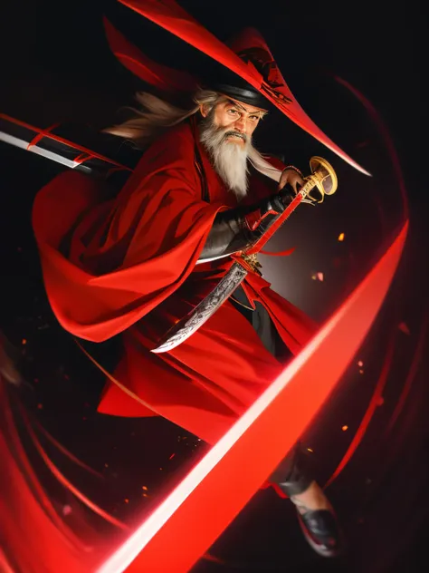 folding fan in one hand，the other hand holds a sword，clear facial features，have a beard，fierce expression，red robe，black shoes a...