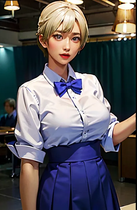 top-quality、超A high resolution、(Photorealsitic:1.4)、女の子1人、White blouses、a blue skirt、bowtie、(faded ash gray hair:1)、(Normal breasts:1)、looking at viewert、cafes、Garou Legend Charm