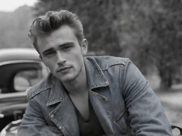 James Dean smoking a cigarette, wearing jeans and a denim jacket, profound eyes, sitting on a motorcycle, Artist photo, realistic, smoking a cigarette, bold black and white, retro --ar 16:9