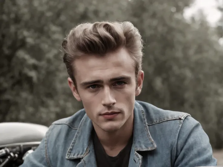 James Dean smoking a cigarette, wearing jeans and a denim jacket, profound eyes, sitting on a motorcycle, Artist photo, realistic, smoking a cigarette, bold black and white, retro --ar 16:9