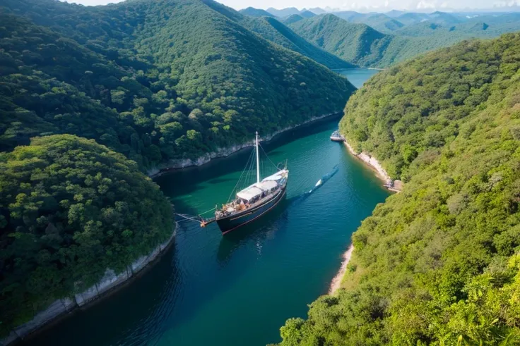 A small boat sailing through a tropical jungle, ((Aerial Photography)),