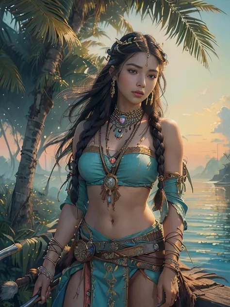 The best picture quality, masterpiece, extra high resolution, a portrait  of a beautiful native American princess, (( she stands in a half turn to us with a spear in her right hand and watches from the viewer to the ship 1.7))  (half shot portrait:1.4) ela...