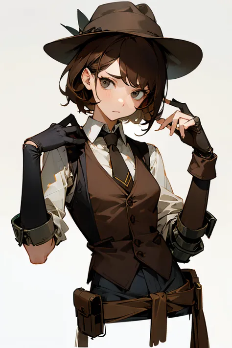 woman with prosthetic hand、Mechanical arm、Brown vest、deadpan、ripped shirt、Brown hair、silk hat