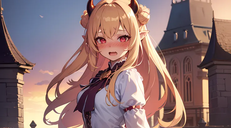 (1 demon girl), front lighting, demon horns, beautiful princess dress, detailed face, walking in the middle of park on castle, very bright daytime, blonde hair, white hairpins, (blushing: 1.5), open mouth, heart eyes, (half body:0.6), front lighting, 8k, m...