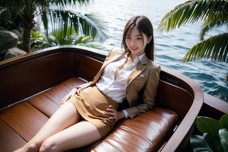 ((top-quality、in 8K、​masterpiece:1.3、Raw photo))、Super high quality photos, ((Aerial Photography)), On a small boat sailing through a tropical jungle, ((Wearing a business suit with jacket and skirt)), ((Beautiful Japanese woman sitting on a boat)),((Wear ...