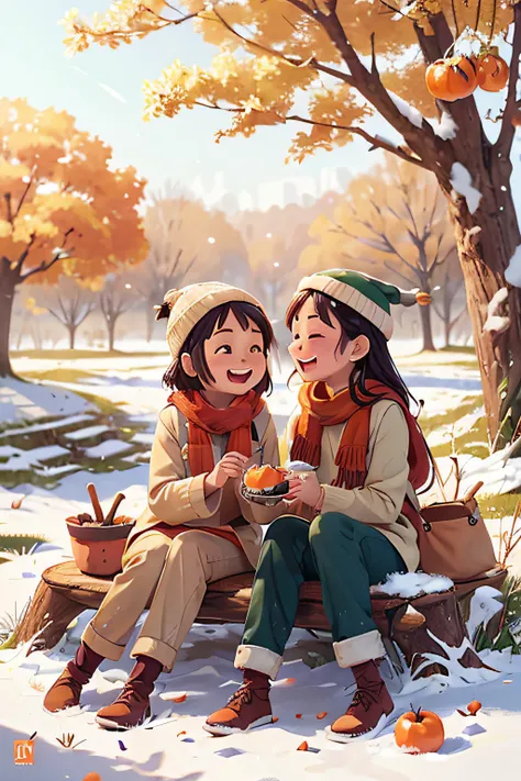 (Photorealistic:1.37),Sitting under the persimmon tree with friends,Sitting on the old tree trunk,Open your mouth and laugh,closeup of face,Wear long-sleeved trousers,Wearing a scarf and woolen hat,Snowflakes on the trees,Persimmons in hand,((Season winter...
