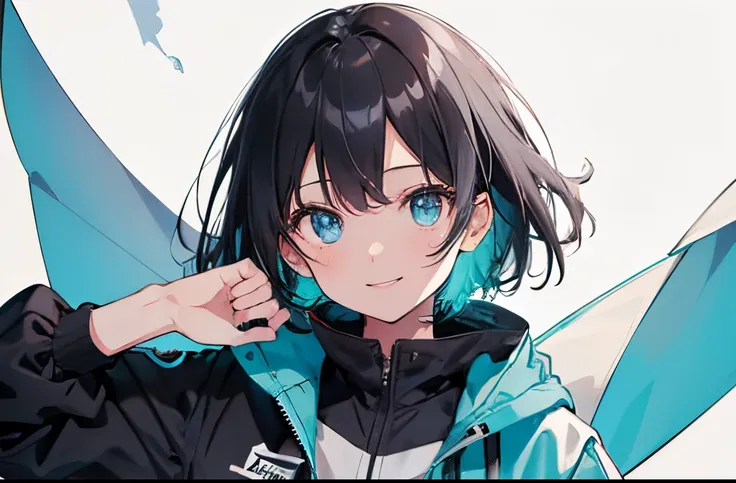 【Highest Quality, masutepiece】,Manteau, expressioness, front facing,1 girl in, Turquoise eyes,  jet-black hair, Jacket (Gray white background:1.4), (Night sky background:1.3),Smile,