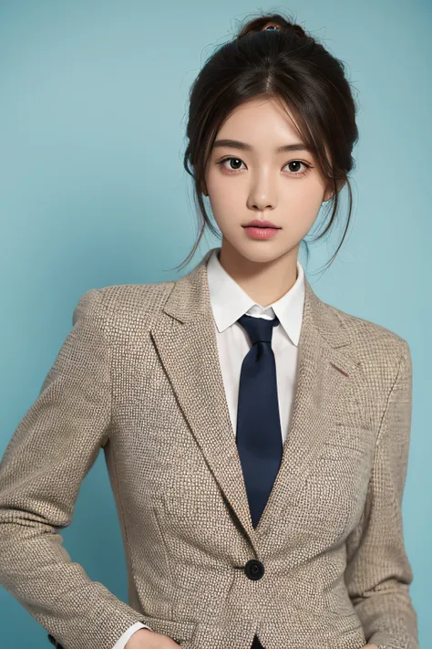 A host girl wearing a suit，solid color backdrop