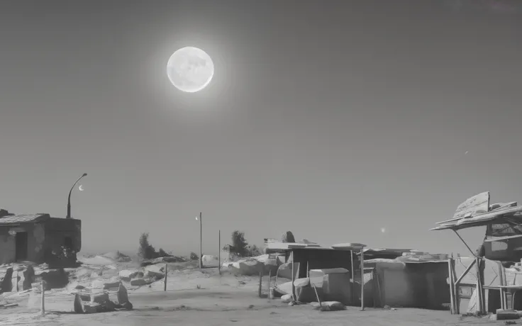 a realistic image of a crescent moon over a deserted town in the style of Ansel Adams --auto --s2