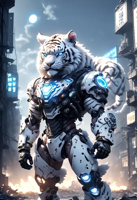 (anthropomorphism:1.5),(Full Body Shot), Cyberpunk, In the middle, 1 white tiger mecha(Mechanical style white tiger head, white glowing goggles, Gas mask, muscular limbs, muscular body), Standing on two legs, mechanical miracle, damaged Machine element,nob...