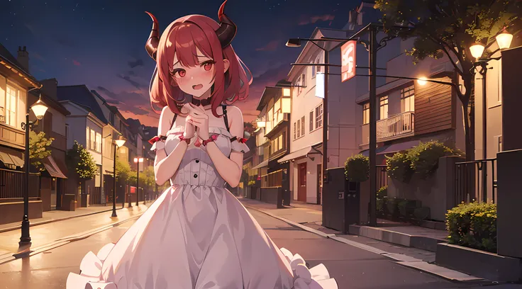 (1 demon girl), front lighting, demon horns, beautiful princess dress, detailed face, walking in the middle of park on daytime, red hair, black hairpins, (blushing: 1.5), open mouth, licking finger, heart eyes, (half body:0.6), front lighting, 8k, masterpi...